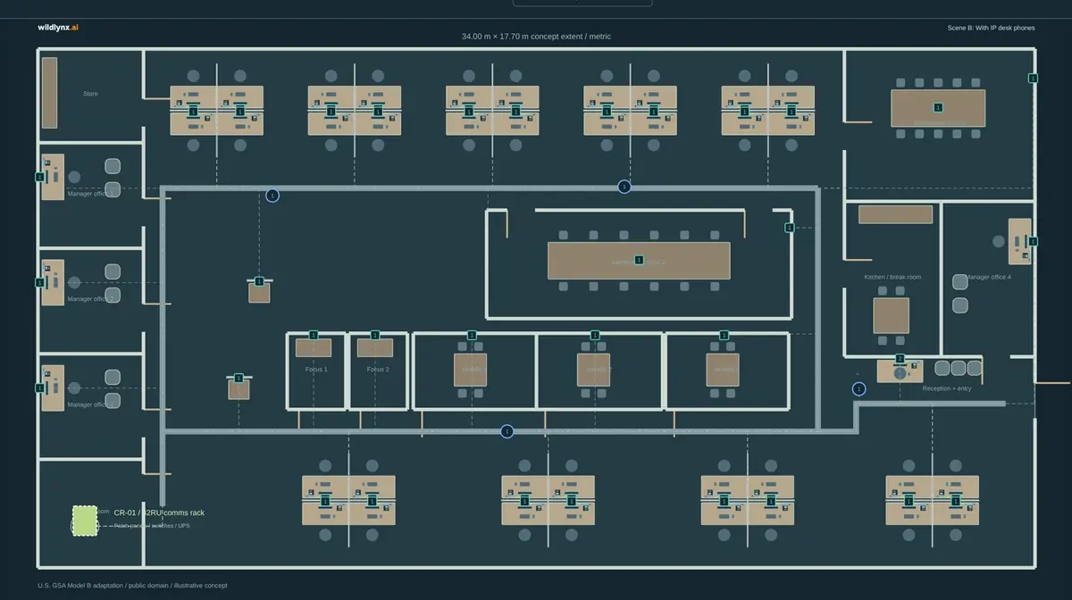 A drawing with data outlets and Wi-Fi access points placed by Network Studio