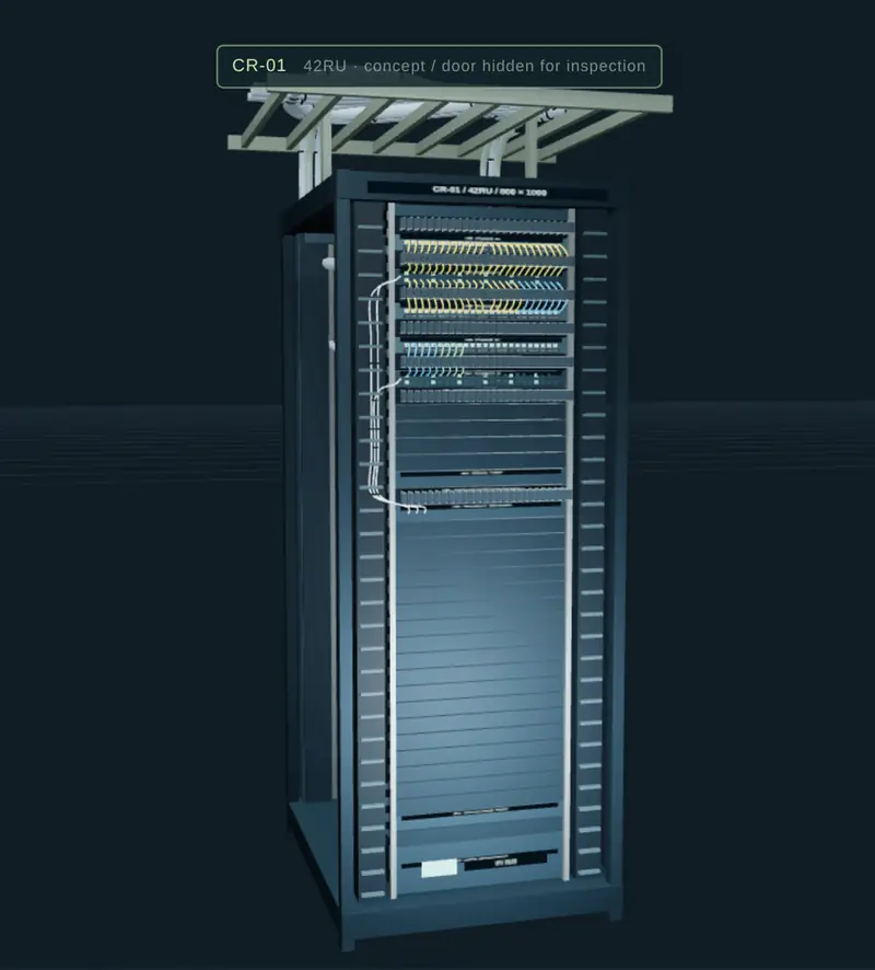 3D model of the 42RU communications rack with patch panels and PoE switches, in Network Studio